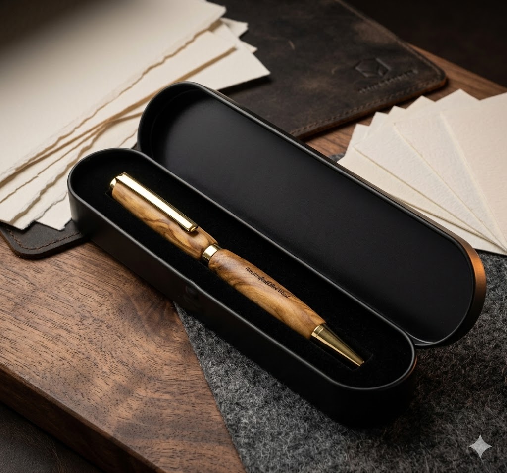 Stylo en bois d'olivier artisanal - détail du grain du bois